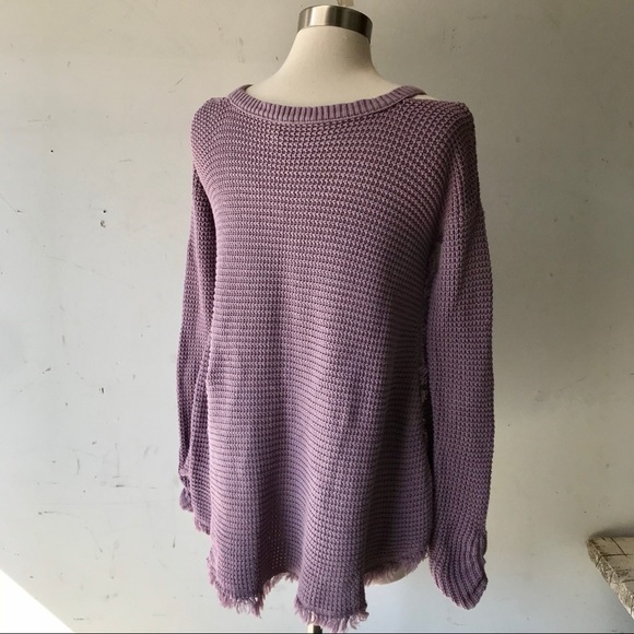 Free People Strappy Loose Oversized Raw Hem Sweater Sz XS Lavender Cold Shoulder - Picture 4 of 9